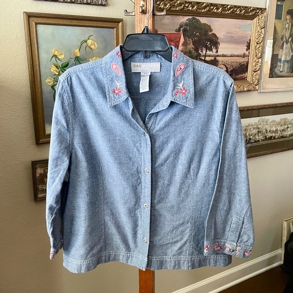 Sag Harbor Sport 3/4 sleeve embroidered denim chambray button top XL blue - Picture 2 of 9